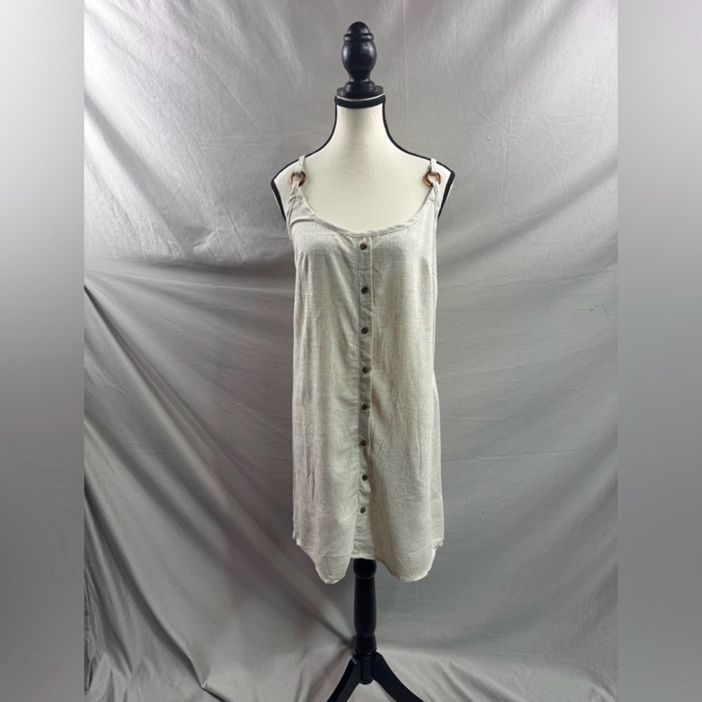 Oatmeal Linen Blend Button Front Mini Dress Spaghetti Strap - Picture 4 of 5